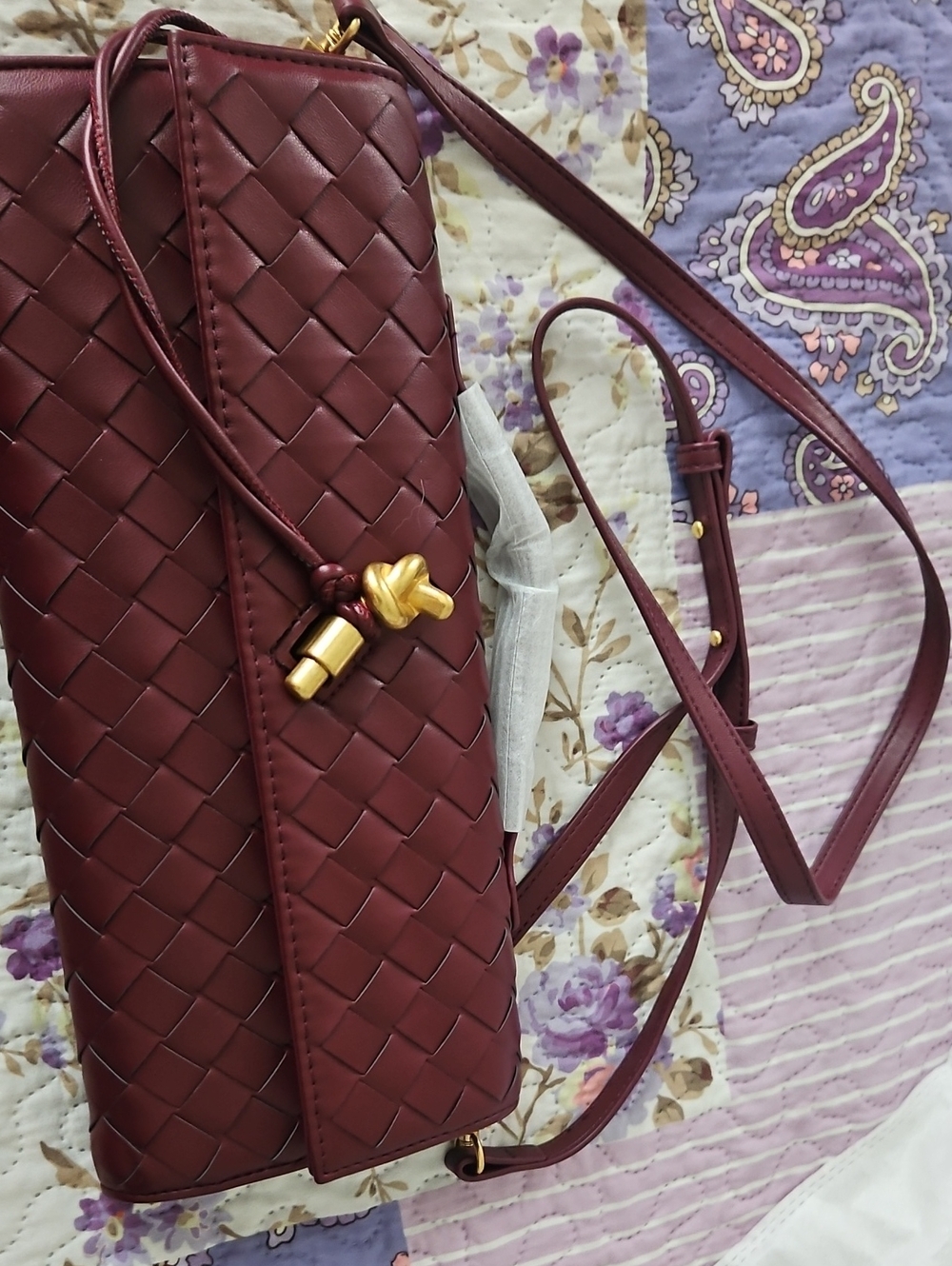 Woven Leather Crossbody Bag in Burgundy - Unbranded